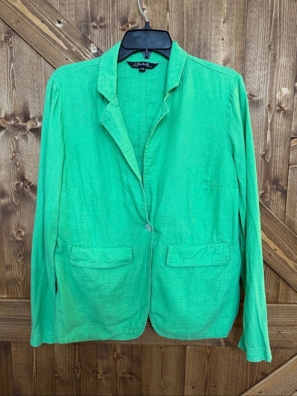 Charlie B Women’s Medium Green Linen Blend One Button Blazer Jacket (9221)